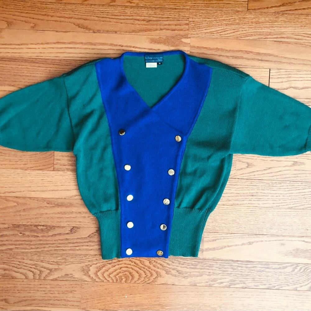 Kathryn Conover Sweater Top Puff Sleeves 80s Vintage Green Blue Women’s Size M - Picture 15 of 15